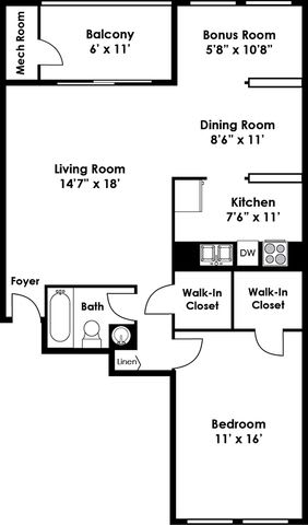 One Bedroom One Bath Floorplan at Kenilworth at Perring Park Apartments, Parkville, 21234