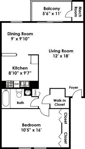 One Bedroom One Bath Floorplan at Kenilworth at Perring Park Apartments, Parkville, MD