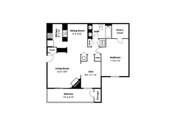 2D floorplan for 1 bed 1 bath 914sf, at McDonogh Township Apartments, Owings Mills, MD