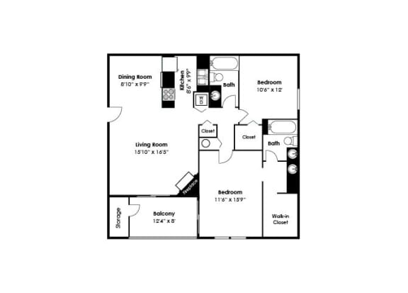 2D Floorplan for 2 bed 2 abth 1046sf, at McDonogh Township Apartments, 21117, MD