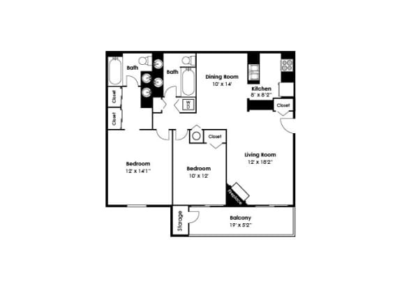 2D Floorplan for 2 bed 2 bath 1020sf, at McDonogh Township Apartments, Owings Mills, 21117