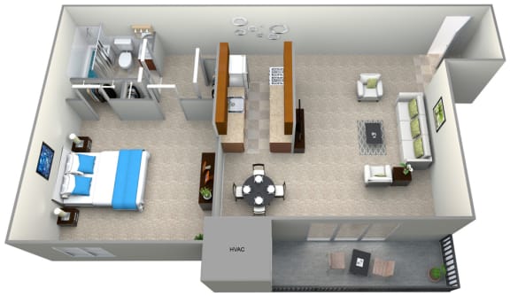 3D floorplan for 1 bed 1 bath 700sf, at 101 North Ripley Apartments, 101 North Ripley Street, Alexandria