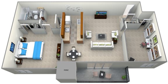 3D Floorplan for 1 bed 1 bath 800sf, at 101 North Ripley Apartments, Alexandria, VA