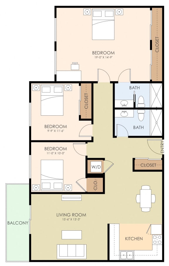 Floor Plan  3 bedroom 2 bathroom floor plan 1,270 Sq.Ft. at The Luxe, California, 95051