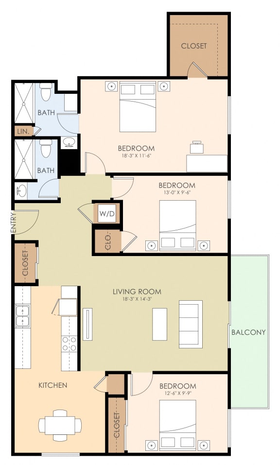 3 bedroom 2 bathroom floor plan A 1,318 Sq.Ft. at The Luxe, Santa Clara, CA, 95051