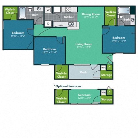 Floor Plan  3 Bedroom 2 Bath Flooplan for Hatteras with Sunroom at Abberly Grove Apartment Homes by HHHunt, North Carolina, 27610