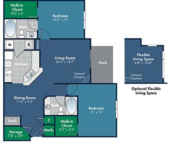 2 bedroom 2 bathroom Lyon Floorplan, Starting from 1132 Square-Foot at Abberly Place at White Oak Crossing by HHHunt, Garner, NC 27610