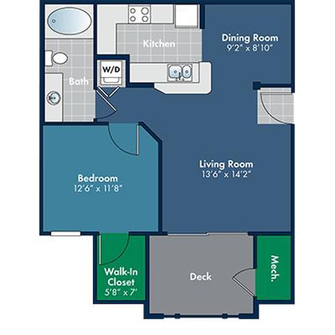 1 bedroom 1 bathroom 664 Square-Foot Monterey Floorplan at Abberly Place at White Oak Crossing by HHHunt, North Carolina