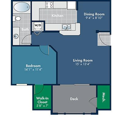 1 bedroom 1 bathroom 712 Square-Foot Oakview Floorplan at Abberly Place at White Oak Crossing by HHHunt, North Carolina, 27610