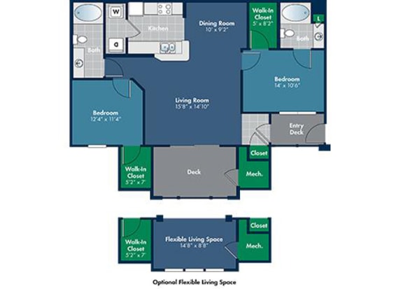 Floor Plan  2 bedroom 2 bathroom 1013 Square-Foot Rhone Floorplan at Abberly Place at White Oak Crossing by HHHunt, Garner, NC