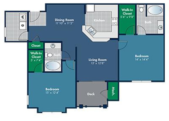 Floor Plan  2 bedroom 2 bathroom 1280 Square-Foot Solano Floorplan at Abberly Place at White Oak Crossing by HHHunt, Garner