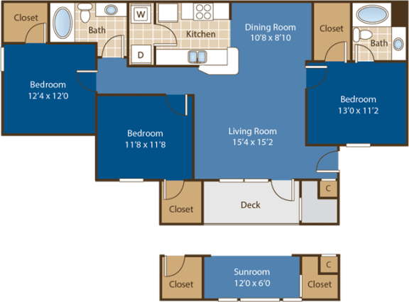 3 bedroom 2 bathroom Floorplan for Birkdale with Sunroom at Abberly Woods Apartment Homes by HHHunt, North Carolina, 28216