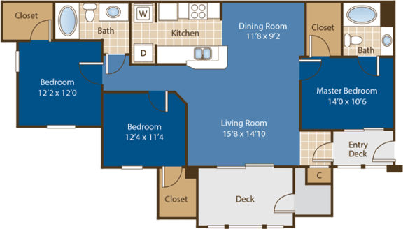 3 bedroom 2 bathroom Floorplan for Davidson at Abberly Woods Apartment Homes by HHHunt, North Carolina