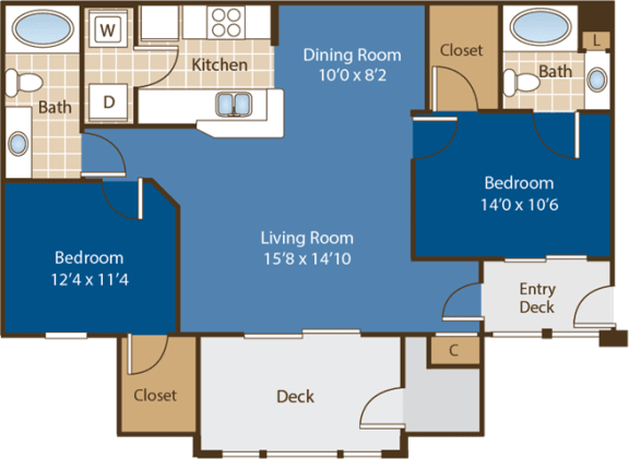 2 bedroom 2 bathroom Flooprlan for Dilworth at Abberly Woods Apartment Homes by HHHunt, North Carolina, 28216