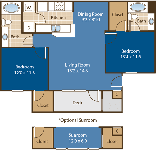 Floor Plan  2 bedroom 2 bathroom Floorplan for Mt. Holly with Sunroom at Abberly Woods Apartment Homes by HHHunt, Charlotte, NC 28216