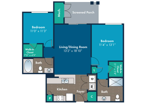 Floor Plan  2 bedroom 2 bathroom Evitts Floor Plan at Abberly Crest Apartment Homes by HHHunt, Lexington Park