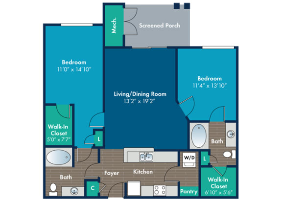 Floor Plan  2 bedroom 2 bathroom Laurel Floor Plan at Abberly Crest Apartment Homes by HHHunt, Lexington Park, MD