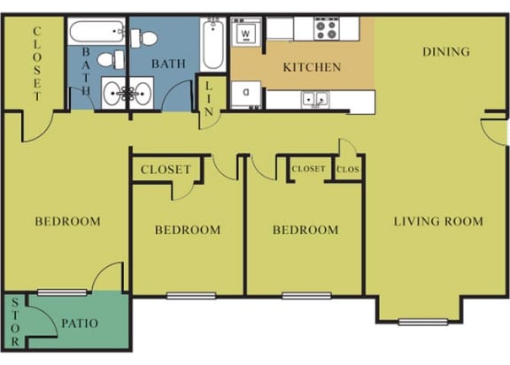 3 Bedroom 2 Bath 2D Floorplan Ashport Style-Bridgeport Apartments Lincoln, NE