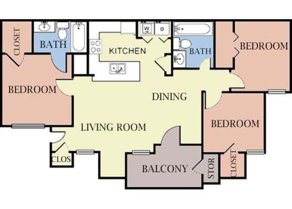 3 Bedroom 2 Bath 2D Floorplan-Cambury Hills Apartments Omaha, NE