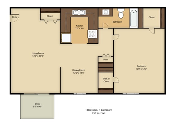 2 Bed 2 Bath Floor plan at French Quarter Apartments,Southfield,48034