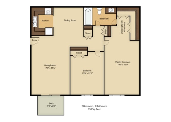 1 Bed 1 Bath Floor Plan at French Quarter Apartments,Southfield Michigan