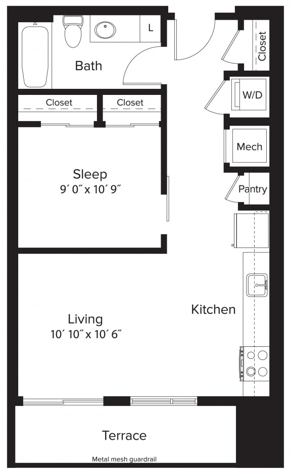 Floor Plan 1 Bedroom - 1 Bath | AJ1A