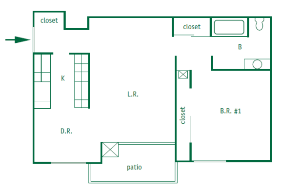 Floor Plan  One bedroom, one bathroom upstairs and downstairs apartments are 771 square feet. They have a patio or a balcony with a galley style kitchen. The upstairs apartment has vaulted ceilings.