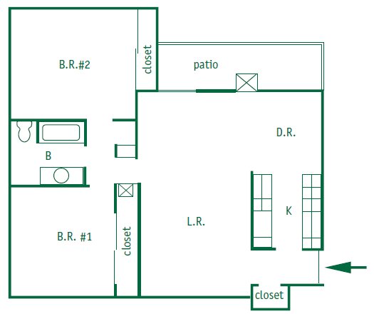 Floor Plan  Two bedroom 1 bathroom downstairs apartment is 1,017 square feet. Both bedroom each of a closet. Galley style kitchen with a patio door leading out to a patio.