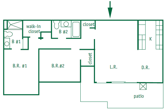 Floor Plan  Two bedroom two bathroom downstairs apartment is 1,050 square feet. With a patio door leading to a patio. The master bedroom has a walk in closet.