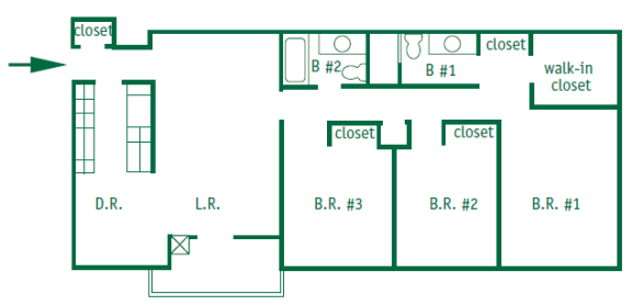 Floor Plan  Three bedroom, two bathroom apartment is 1,308 square feet. The master bedroom has a walk in closet. They have a galley style kitchen with either a patio or a balcony.
