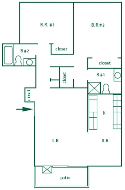 Floor Plan  Two bedroom, one bathroom upstairs unit  is 940 square feet with vaulted ceilings. This apartment has a galley style kitchen, pendant light in the kitchen. A patio sliding door leading to a balcony.