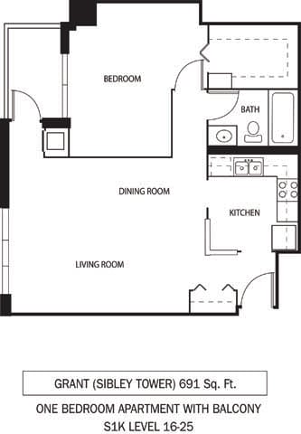 Galtier Towers Grant Floor Plan Galtier Towers Apartments in Lowertown, St. Paul, MN 1 Bedroom 1 Bath Apartment