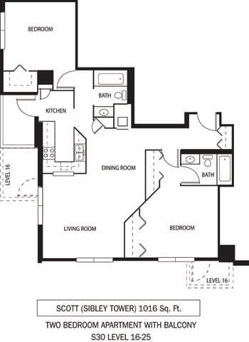 Galtier Towers Scott Floor Plan Galtier Towers Apartments in Lowertown, St. Paul, MN 2 Bedroom 2 Bath Apartment