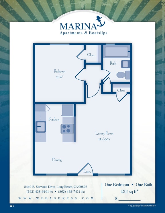 Floor Plan  Marina Apartments &amp; Boat Slips Long Beach, CA One Bedroom One Bathroom Floor Plan 470 - 675 SF