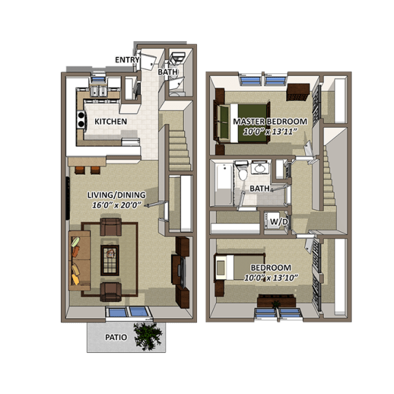 The Towne Floor Plan 1,100 Sq.Ft. at Lakecrest Apartments, PRG Real Estate Management, Greenville, South Carolina