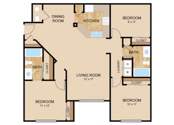 Floor Plan  3 Bedroom_2 Bath Floor Plan, at Autumn Grove Apartments, 5380 South 156th St, Omaha