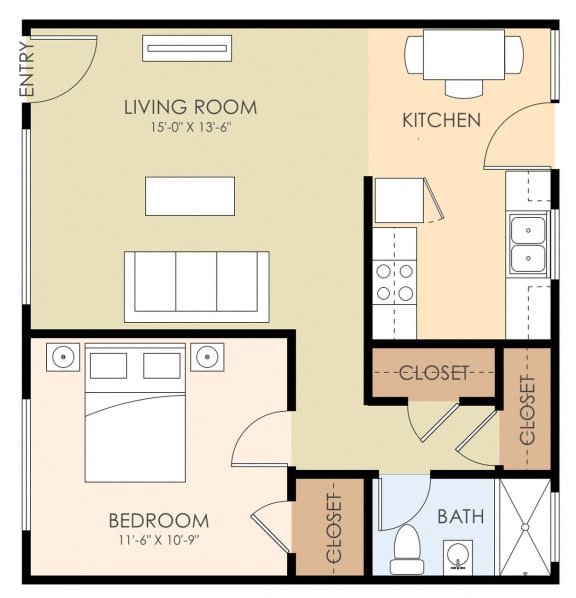 1 bedroom 1 bathroom floor plan 600 to 700 Sq.Ft. at South Mary Place, California