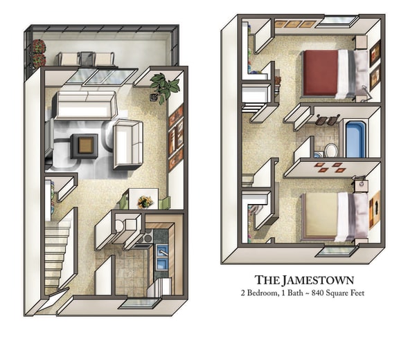 The Jamestown  2 bedroom 2 bathroom floor plan at Staples Mill Townhomes, Virginia