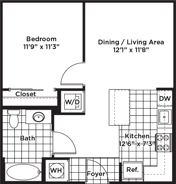  Floor Plan 1 Bedroom - 1 Bath | A01
