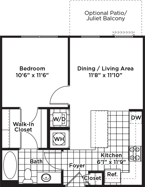  Floor Plan 1 Bedroom - 1 Bath | A01a