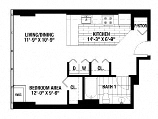 Floor Plan  1 Bedroom. 1 Bathroom.
