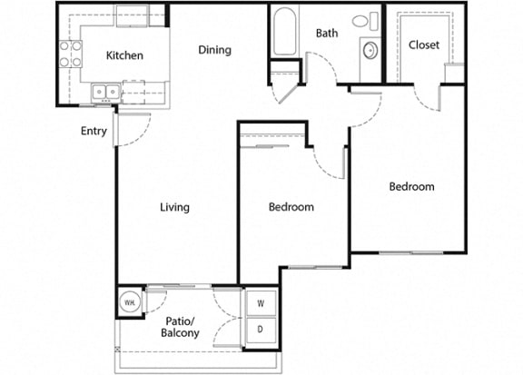 2 bed 1 bath floorplan E at Sumida Gardens Apartments, Santa Barbara, CA 93111