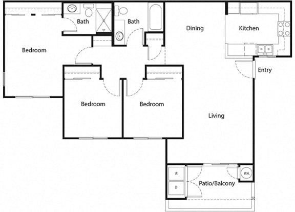 3 bed 2 bath floorplan at Sumida Gardens Apartments, California, 93111