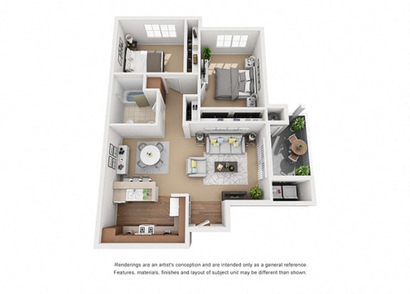 2 bed 2 bath Plan 3 floorplan at Sumida Gardens Apartments, California, 93111