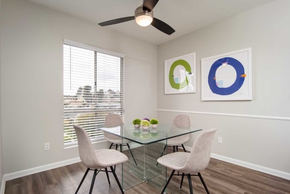 Ceiling Fan, Dinning Table in Living Room at Los Robles Apartments, California, 91101