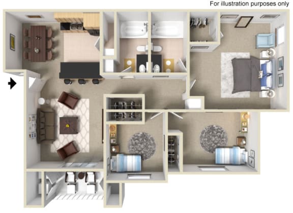 3 Bed 2 Bath Floor Plan at Vizcaya Hilltop Apartments, Reno, 89523