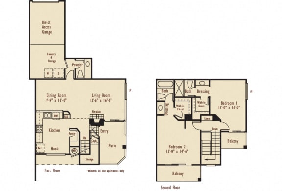 D2 &#x2013; 2 Bedroom 2.5 Bath Floor Plan Layout &#x2013; 1200 Square Feet