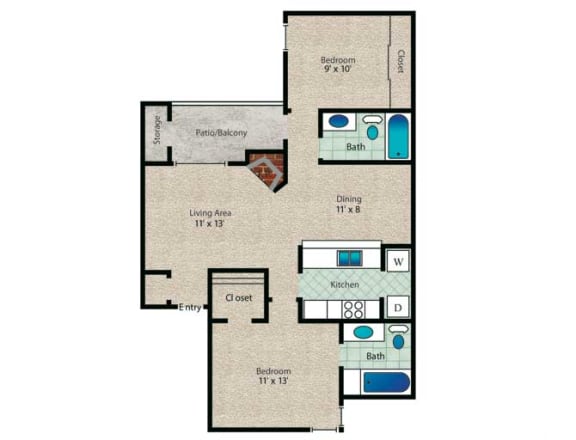 2 bedroom 2 bathroom Callista Floor Plan at Towne Centre Village, Texas, 75150