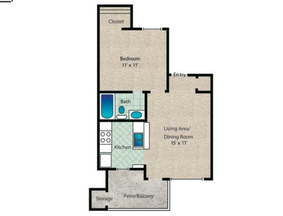 1 bedroom 1 bathroom Addison Floor Plan at Towne Centre Village, Mesquite, TX