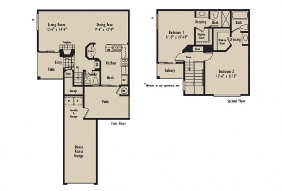 D1 - 2 Bedroom 2.5 Bath Floor Plan Layout - 1211 Square Feet
